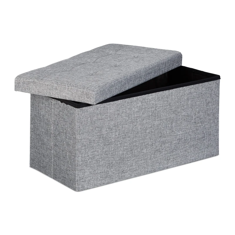 Relaxdays Cloth Seat XL 38 x 76 x 38 cm Sturdy Foldable Stable Folding Ottoman Linen Foot Stool Storage Box Bench with Removable Lid for the Living Room, Grey, 76x38x38 cm