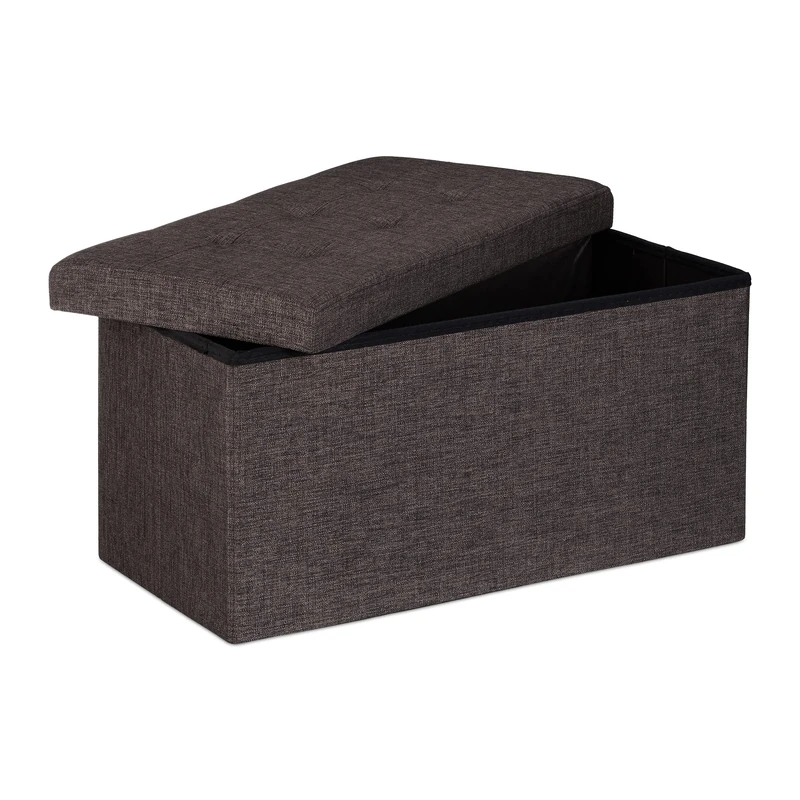 Relaxdays Cloth Seat XL 38 x 76 x 38 cm Sturdy Foldable Stable Folding Ottoman Linen Foot Stool Storage Box Bench with Removable Lid for the Living Room, Brown, 76x38x38 cm