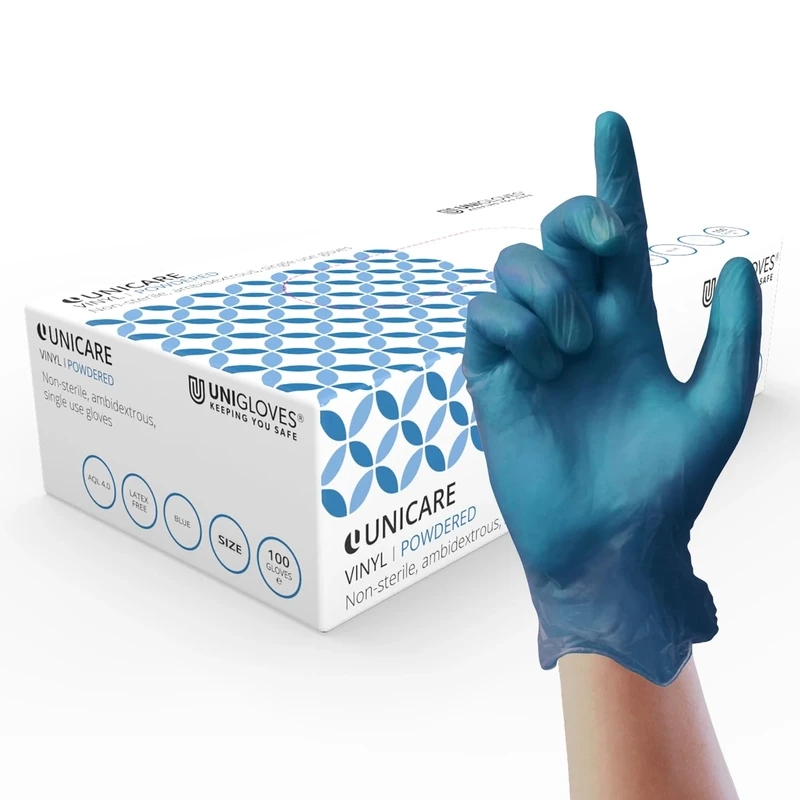 UNIGLOVES Unicare GS0082 Powdered Blue Vinyl Disposable Gloves, Small, Dispenser Box of 100 Gloves