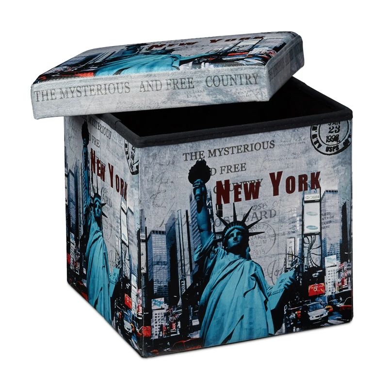 Relaxdays Folding Seat Box Ottoman 38 cm Sturdy Seat Cube with Trendy Motifs as Practical Footrest with Cofortable Faux Leather Cover for Storage Box Pouffe with Removable Lid, New York