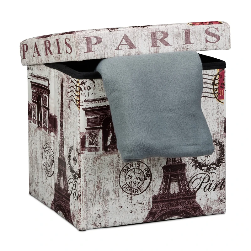 Relaxdays "Paris Cube Folding Seat Box Ottoman with Trendy Motifs and Removable Lid, Faux Leather, Multi-Colour, 38 cm