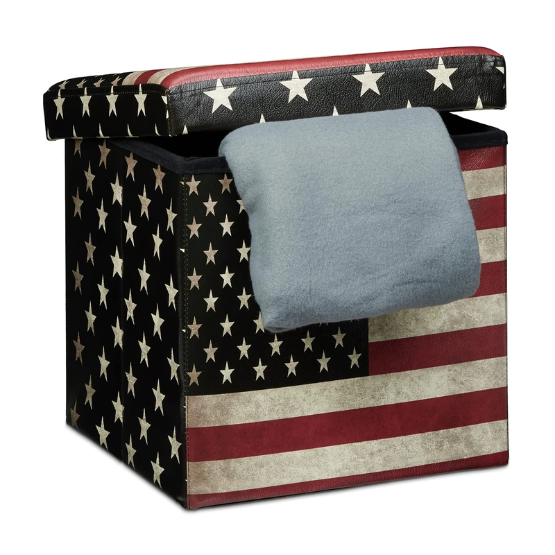 Relaxdays Folding Seat Box Ottoman 38 cm Sturdy Seat Cube with Trendy Motifs as Practical Footrest with Cofortable Faux Leather Cover for Storage Box Pouffe with Removable Lid, USA