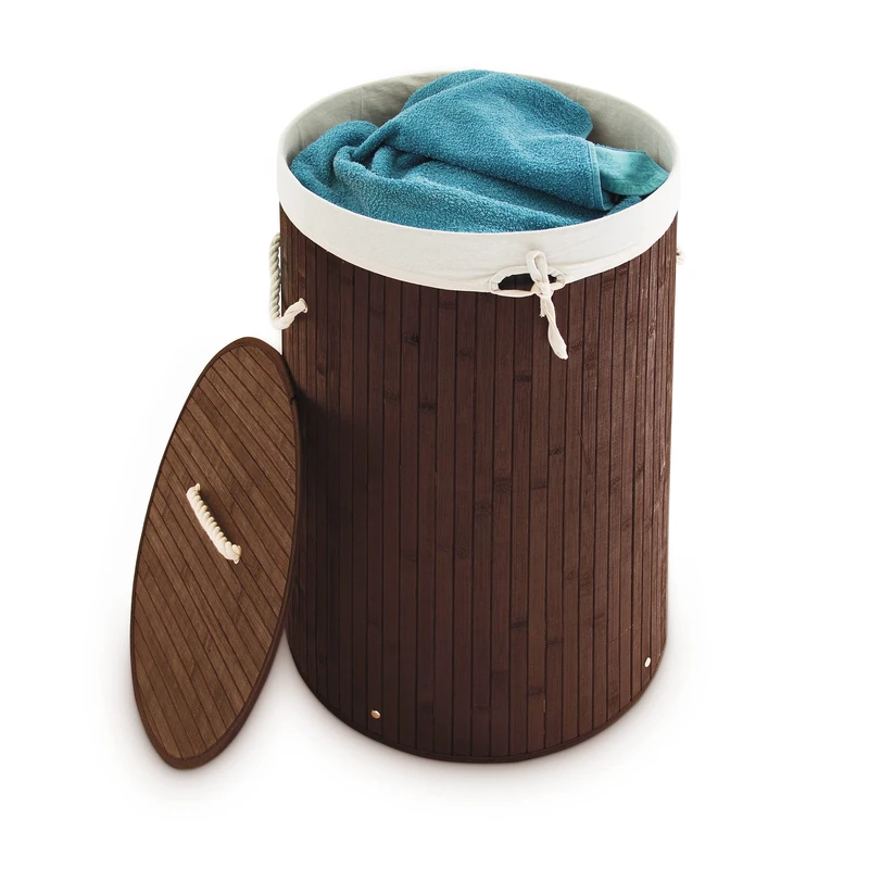 Relaxdays Folding Round Laundry Basket, 41 cm Diameter, 65 cm Tall, Foldable, Volume of 80 L, with Cotton Laundry Sack, Brown