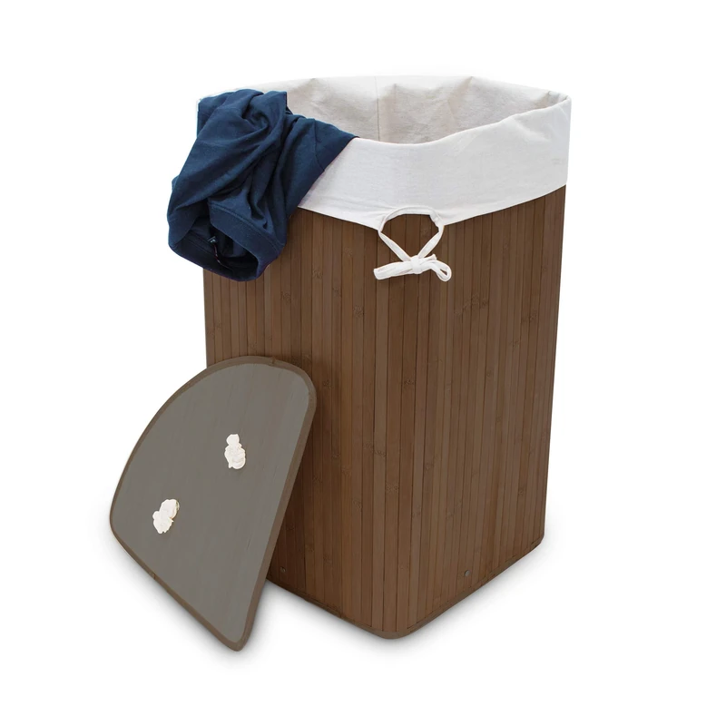 Relaxdays Corner Laundry Basket Hamper Bamboo 65 x 49.5 x 37 cm 64L Folding Clothes Collector Storage Bag, Brown