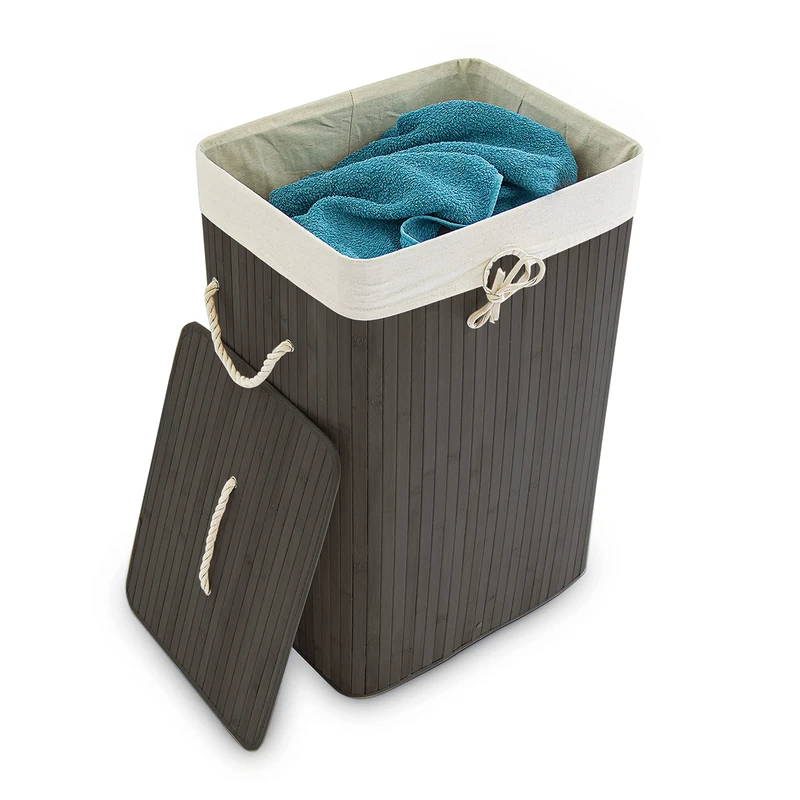 Relaxdays Bamboo Square Hamper 65 cm Tall Folding Laundry Basket Laundry Bin 83L Rectangular Black Storage