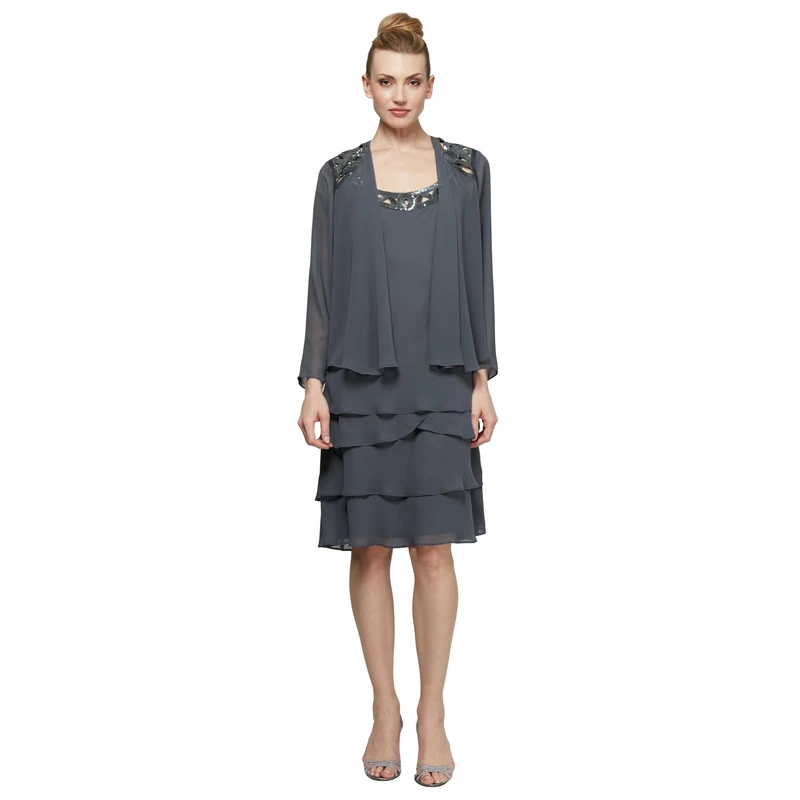 S.L. Fashions Women's Sequin Jacket Dress - Steel, Size 12