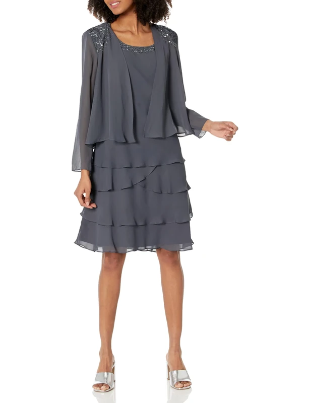 S.L. Fashions Women's Embellished Tiered Sequin Jacket (Petite and Regular) Special Occasion Dress, Steel, 16