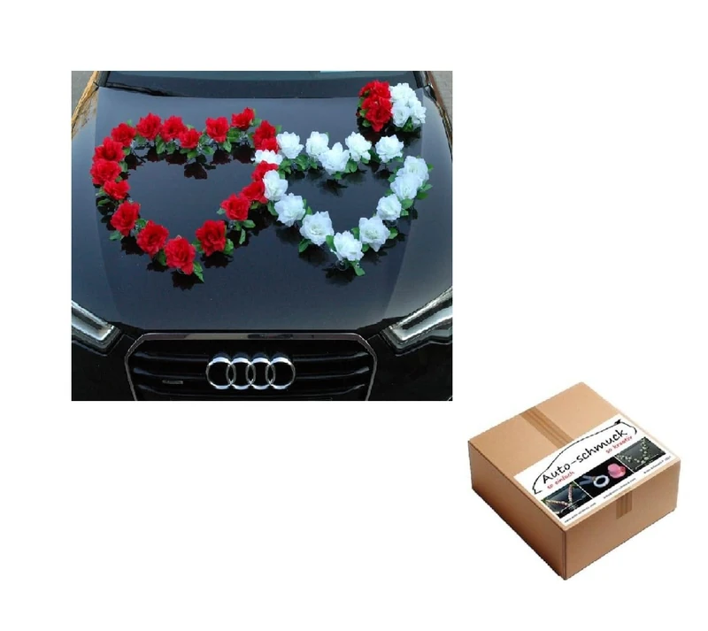 DOUBLE heart car jewelry bridal couple rose decoration decoration Autoschmuck Wedding Car Car Wedding Decoration Ratan (Red/Pure White), 34x24x14 - Image 1