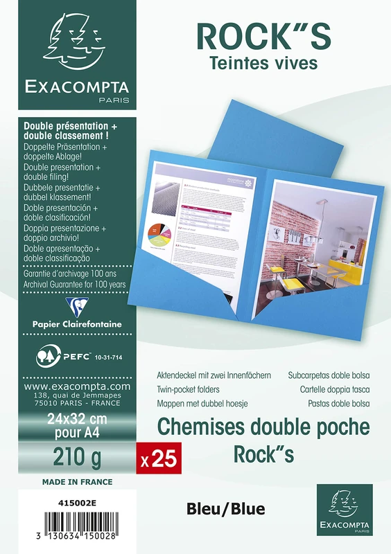 Exacompta - Ref 415002E - Rocks Collection - Double Pocket Folders - 240 x 320mm in Size, Suitable for A4 Documents, 210gsm Material - Blue (Pack of 25) - Image 1