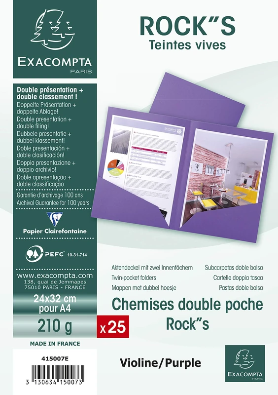 Exacompta - Ref 415007E - Rocks Collection - Double Pocket Folders - 240 x 320mm in Size, Suitable for A4 Documents, 210gsm Material - Purple (Pack of 25)