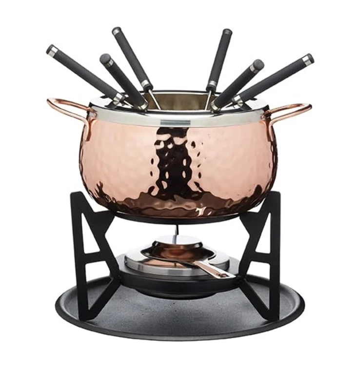 Artesà Fondue Set with 6 Stainless Steel Forks and Bowl, Ceramic Bowl, Metal Stand and Dual Fuel Burner, for Chocolate, Cheese or Meat, Copper