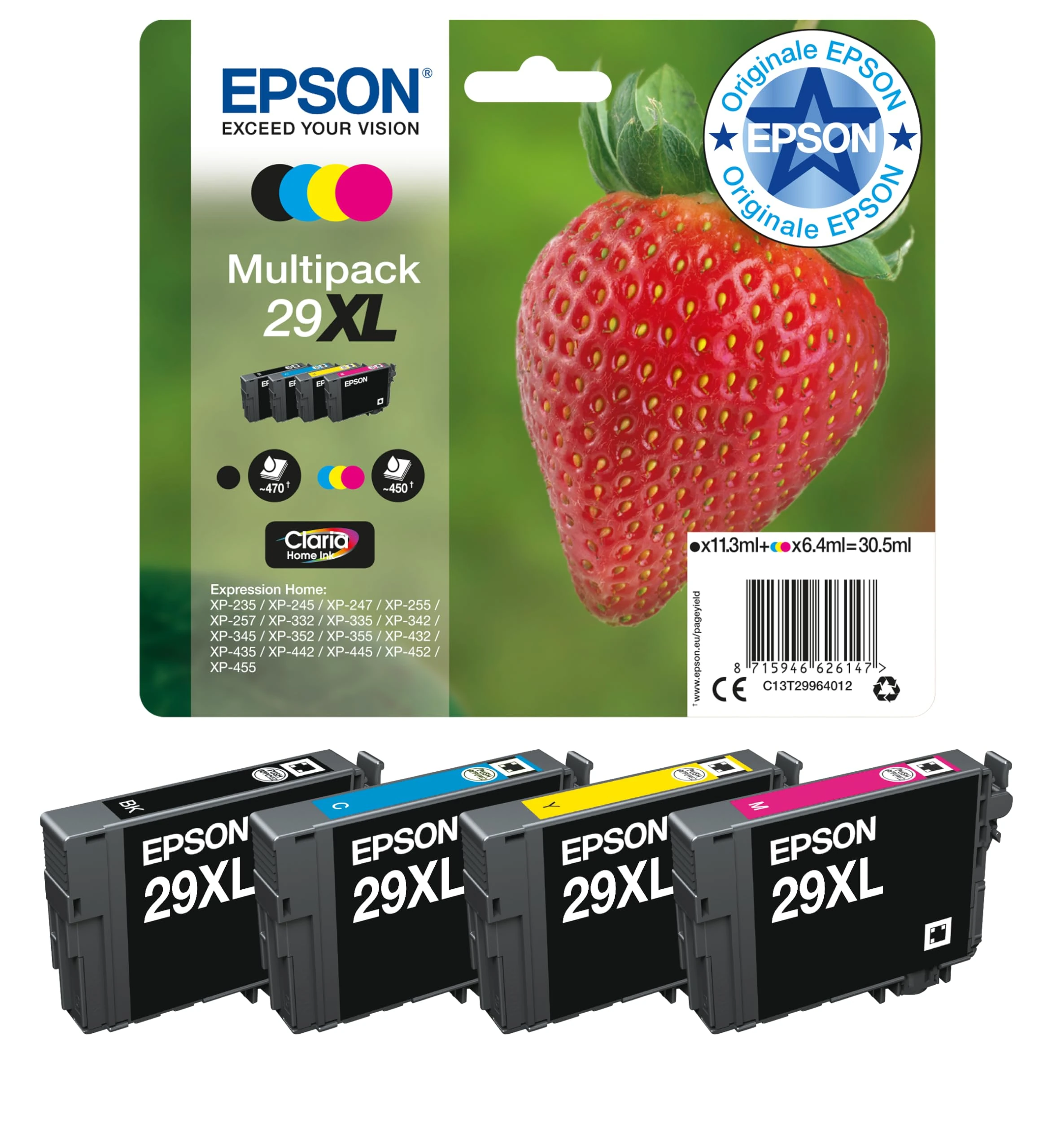 Epson Multipack 29XL Strawberry, Original XL High Yield Ink Cartridges, 4 Colors Black, Cyan, Magenta, Yellow
