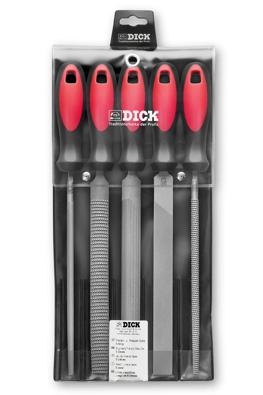 F. DICK File/Rasp Set 5 Pieces (200 mm, with 2-Component Handle, for Professional Hobby Craftsmen, Tools for Wood, Iron, Non-Ferrous Metals, Steel) 1304401-2K
