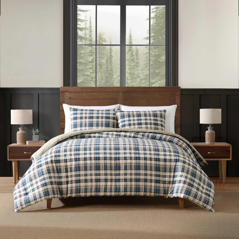 Eddie Bauer Home | Port Gamble Collection | 100% Cotton Soft & Cozy Premium Quality Plaid Duvet Cover Matching Sham, 2-Piece Bedding Set, Machine Washable, Twin, Blue