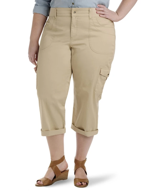 Lee Women's Relaxed Fit Austyn Knit Waist Cargo Capri Pant, Café, 24 Plus