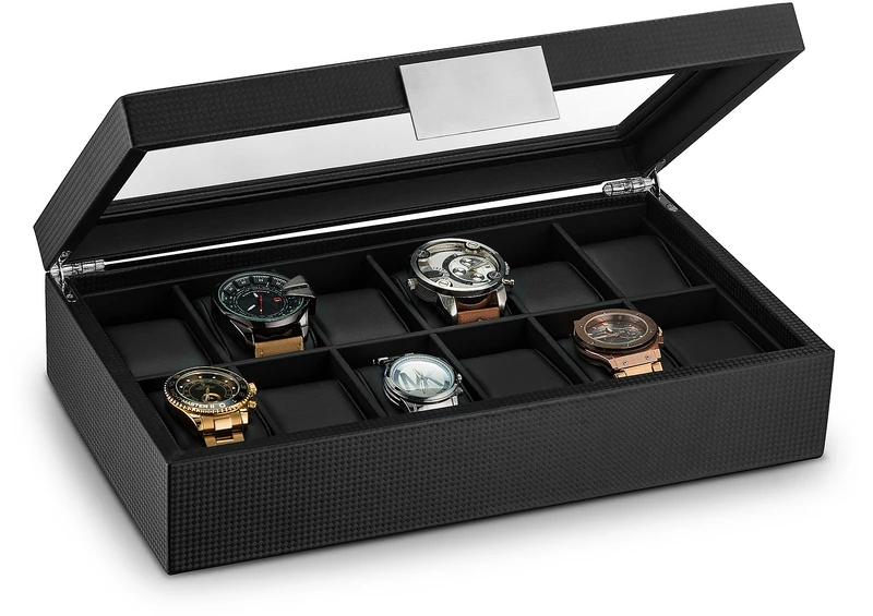 Glenor Co Watch Box for Men - 12 Slot Luxury Carbon Fiber Design Display Case, Large Holder, Metal Buckle - Black - Image 1