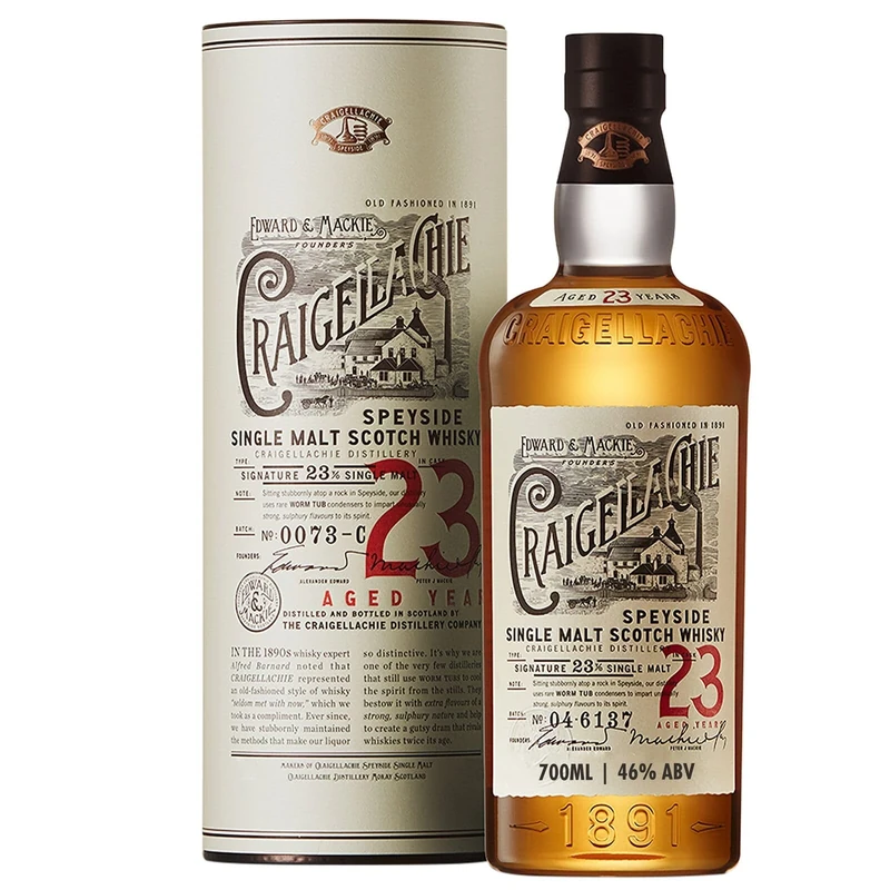 CRAIGELLACHIE 23 Year Old Speyside Single Malt Scotch Whisky, 46% ABV, 70cl, with Gift Tube, Aged in First-Fill Sherry and Bourbon Casks, 700ml