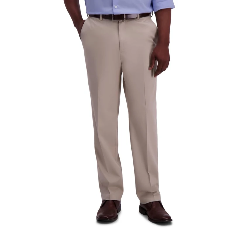 Haggar Men's Classic Fit Flat-Front Hidden Expandable Waistband Premium No Iron Khaki, 34W x 31L - Sand