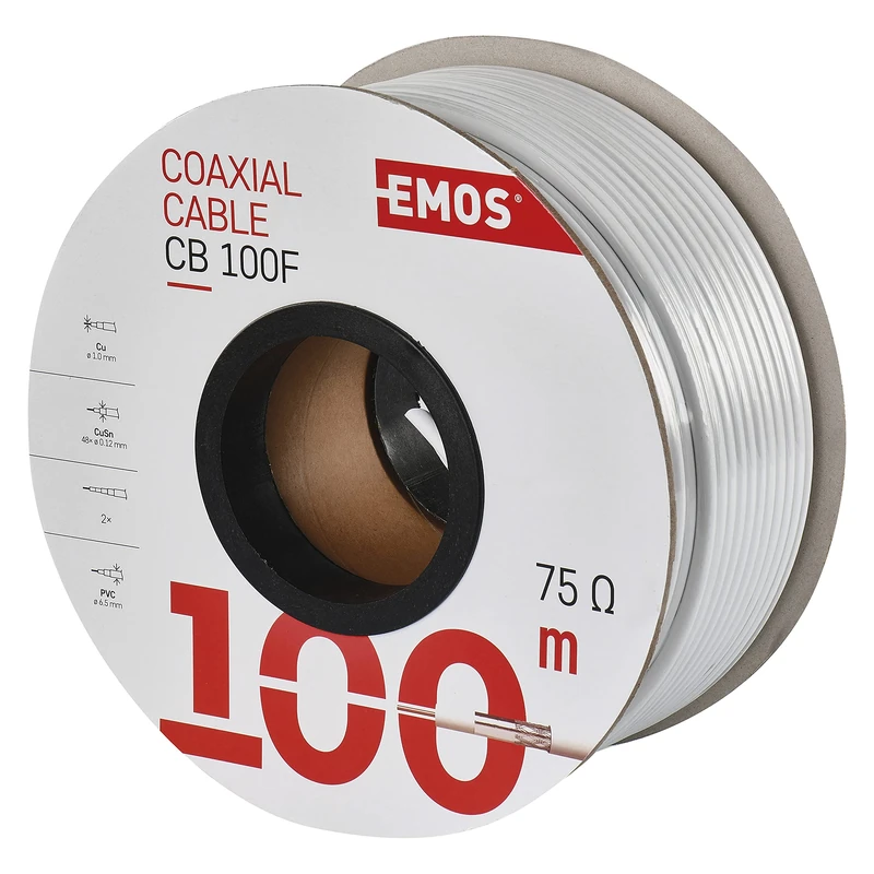 EMOS S5141 Antenna Cable 100 m White Coaxial Cable for SAT, TV and CCTV, Type CB100F, Double Shielded, Shielding Rate 75 dB, Resistance 75 Ohm - Image 1