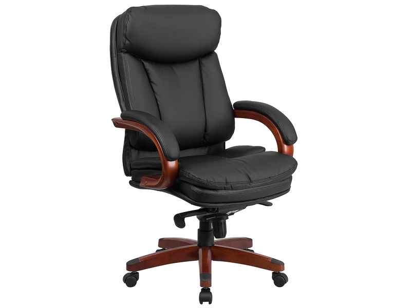 Flash Furniture High Back Leather Executive Swivel Chair with Synchro-Tilt Mechanism, Mahogany Wood Base and Arms, Metal, Black, 85.09 x 67.31 x 41.274999999999999 cm