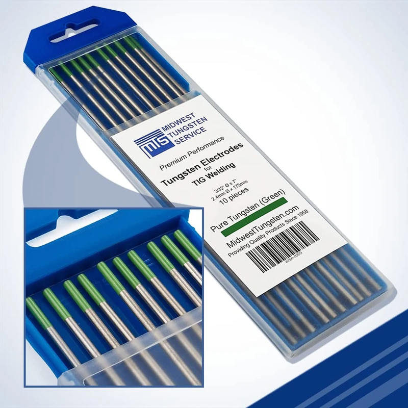 TIG Welding Tungsten Electrodes Pure Tungsten 2.4 mm x 175 mm (Green, WP) 10-Pack