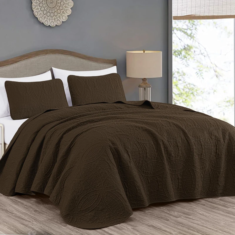 Chezmoi Collection Austin 3-Piece Oversized Bedspread Coverlet Set (Queen, Chocolate), Polyester