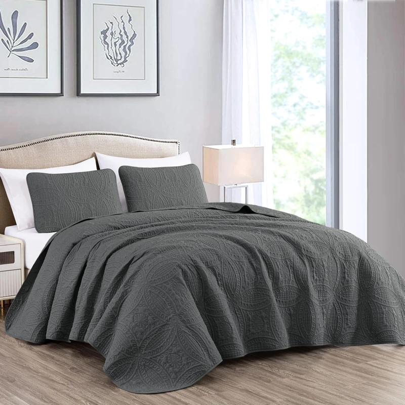 Chezmoi Collection Austin 3-Piece Oversized Bedspread Coverlet Set (King, Charcoal), Polyester