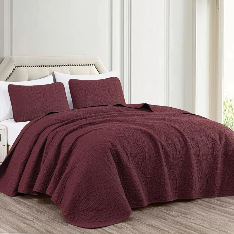 Chezmoi Collection Austin 3-Piece Oversized Bedspread Coverlet Set (King, Burgundy), Polyester