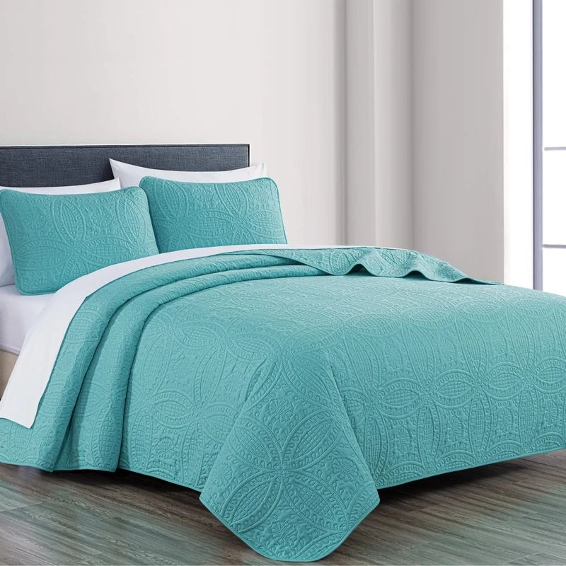 Chezmoi Collection Austin 3-Piece Bedspread Set, Microfiber, Turquoise, King