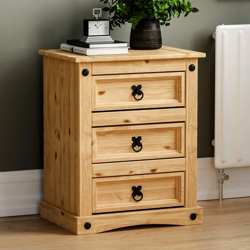 Vida Designs 3 Drawer Bedside Chest Distressed Waxed Rectangular Nightstand Table, Solid Pine Wood, 35 cm D x 48 cm W x 60 cm H
