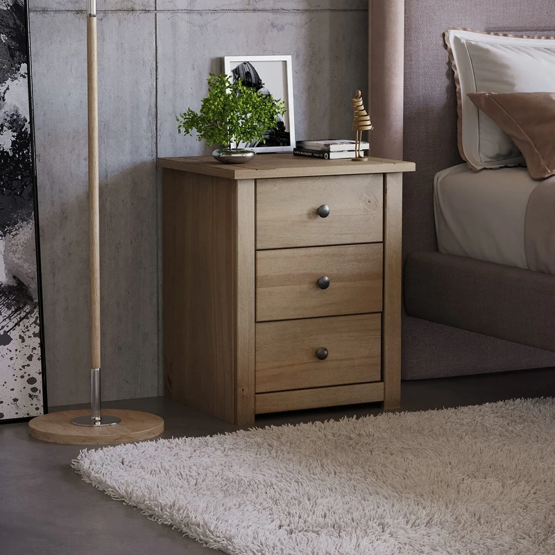 Vida Designs Panama Bedside Chest 3 Drawer, Natural Oak Waxed Bedroom Furniture - Image 1