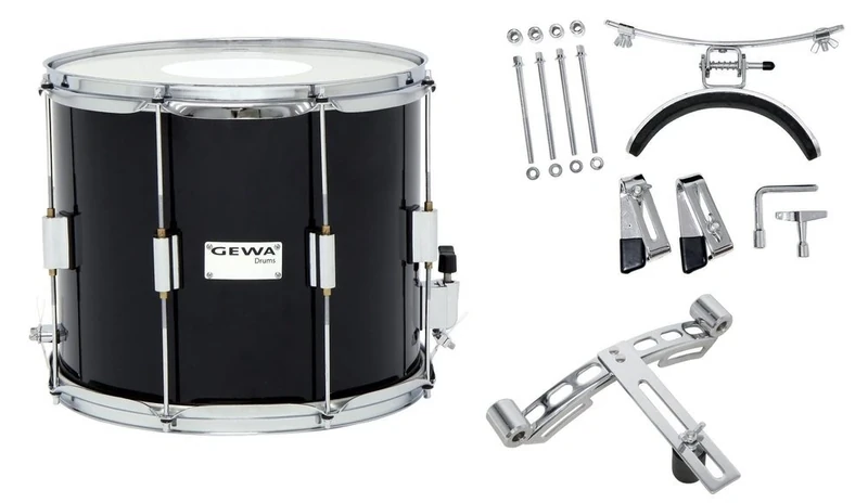 GEWA marching drum/parade drum, birch shell black, 14 x 10", 8 tension rods, Remo USA heads, incl. vent plate and knee rest