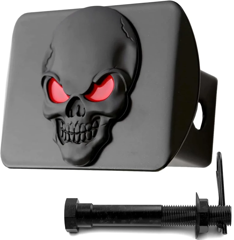 100% Metal Skull 3D Emblem Trailer Hitch Cover Fits 2 Receivers (Black Red on Black) by LFPartS - Image 1