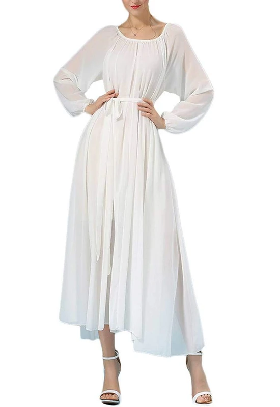 BUENOS NINOS Women Chiffon Elegant Vintage Long Maxi Dress with Belt Casual Long Sleeve Prom Ball Gown Wedding Party Dresses White S
