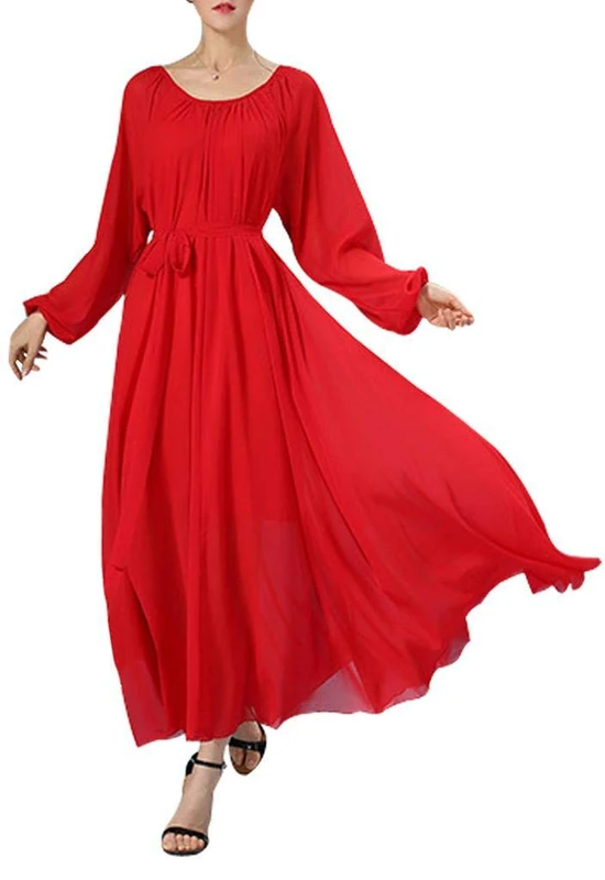 Buenos NINOS Women Chiffon Elegant Vintage Long Maxi Dress with Belt Casual Long Sleeve Prom Ball Gown Wedding Party Dresses Red L - Image 1