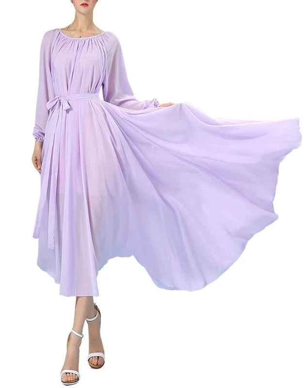 Buenos NINOS Women's Long Sleeve Crew Neck Loose Chiffon Long Maxi Dress with Belt Lavender S