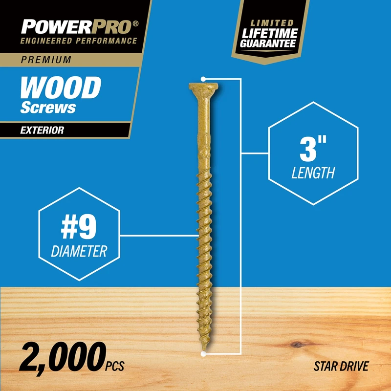 Power Pro 967788 Wood Screws, #9 x 3, Premium Outdoor Deck Screws, Rust Resistant, Epoxy Coated Bronze, 2000pcs Tub