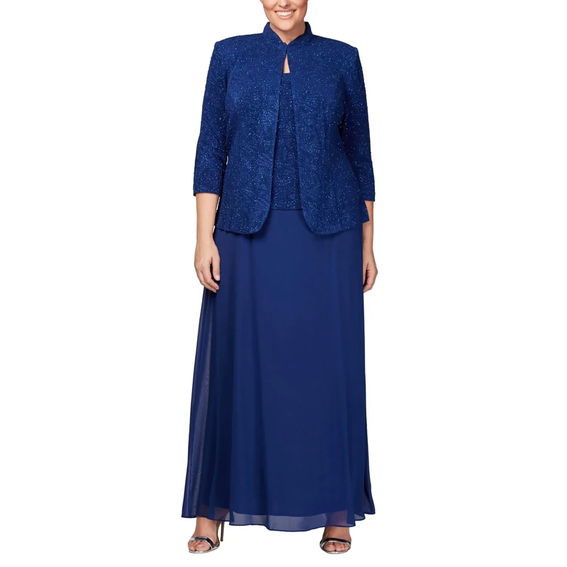 Alex Evenings Women's Plus Size Long Dress with Mandarin Neckline Special Occasion, Electric Blue Jacket, 22
