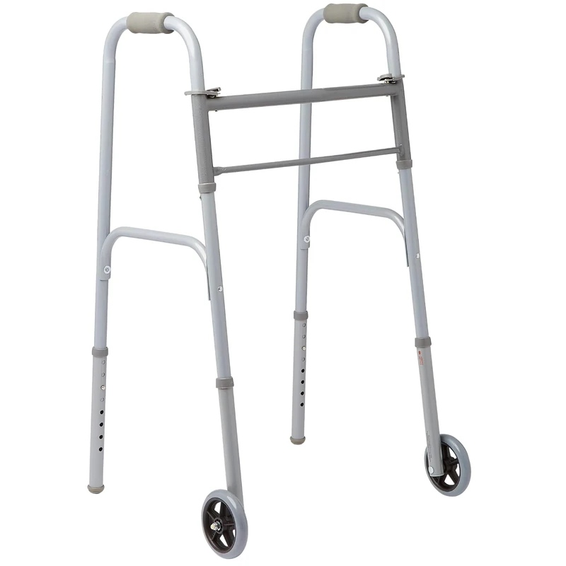 Medline Easy Care Folding Walker with 5" Wheels and Two-Button Release