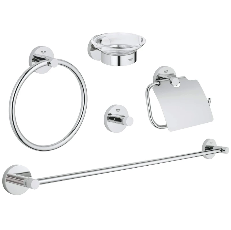 GROHE Essentials - Bathroom Accessory 5 Piece Set (Towel Ring, Towel Rail, 60 cm, Robe Hook, Toilet Paper Holder with Cover, Soap Dish with Holder), Material: Glass and Metal, Chrome, 40344001