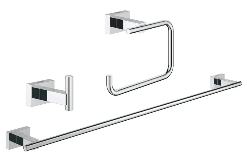 GROHE Essentials Cube - Bathroom Accessory Set 3-in-1 - Metal - Consisting of: Robe hook, Toilet Paper Holder, Towel Rail 558 mm - Concealed fastening - Durable Sparkling Sheen - Chrome - 40777001