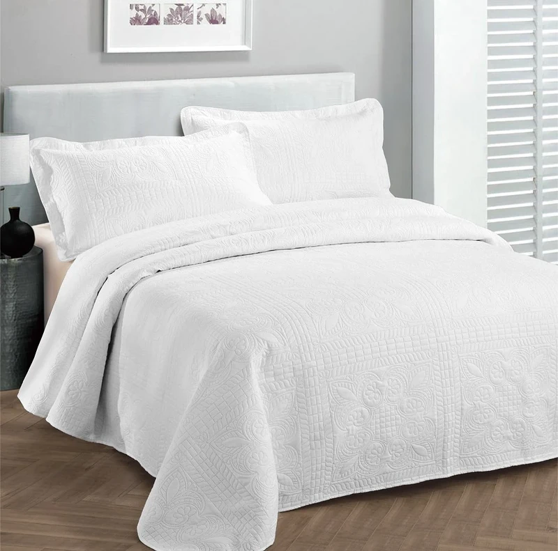 (Full/Queen, White) - Fancy Collection 3pc Luxury Bedspread Coverlet Embossed Bedding Bed Cover Double Bed Solid White New Over Size