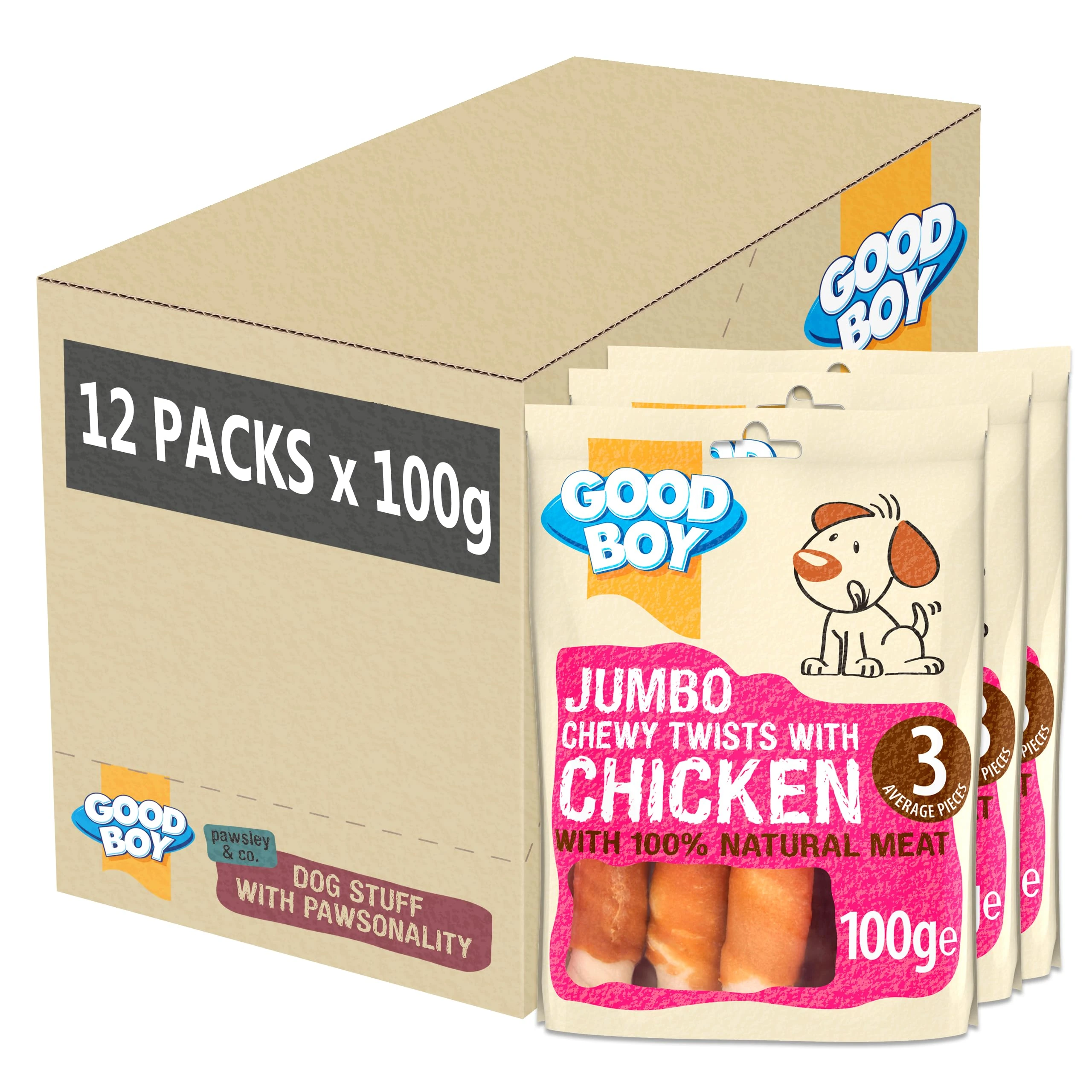 Good Boy - Jumbo Chewy Twists with Chicken - Dog Treats - Made with 100% Natural Chicken Breast Meat - 100 g ℮ - Low Fat Dog Treats - Case of 12