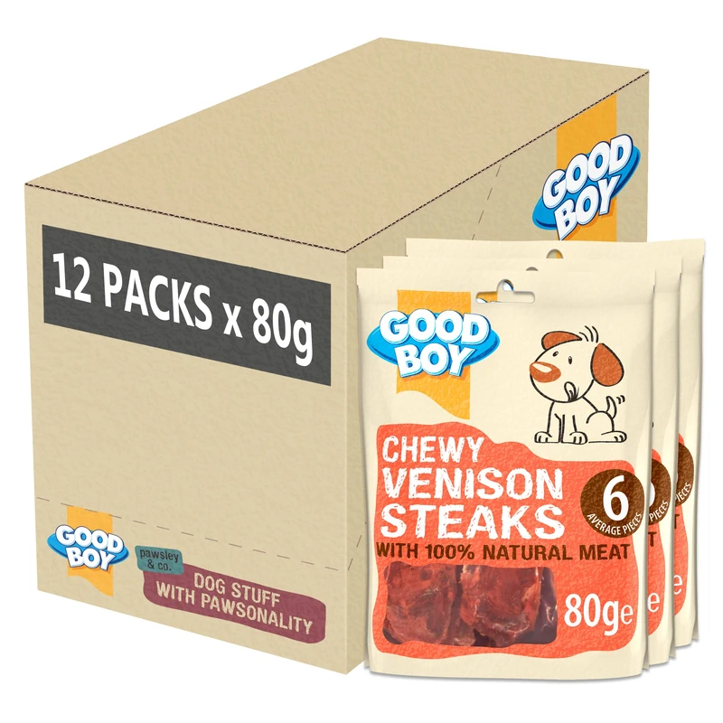 Good Boy - Chewy Venison Steaks - Dog Treats - Made with Natural Venison - Gluten Free Dog Treats - 80 g (Pack of 12)