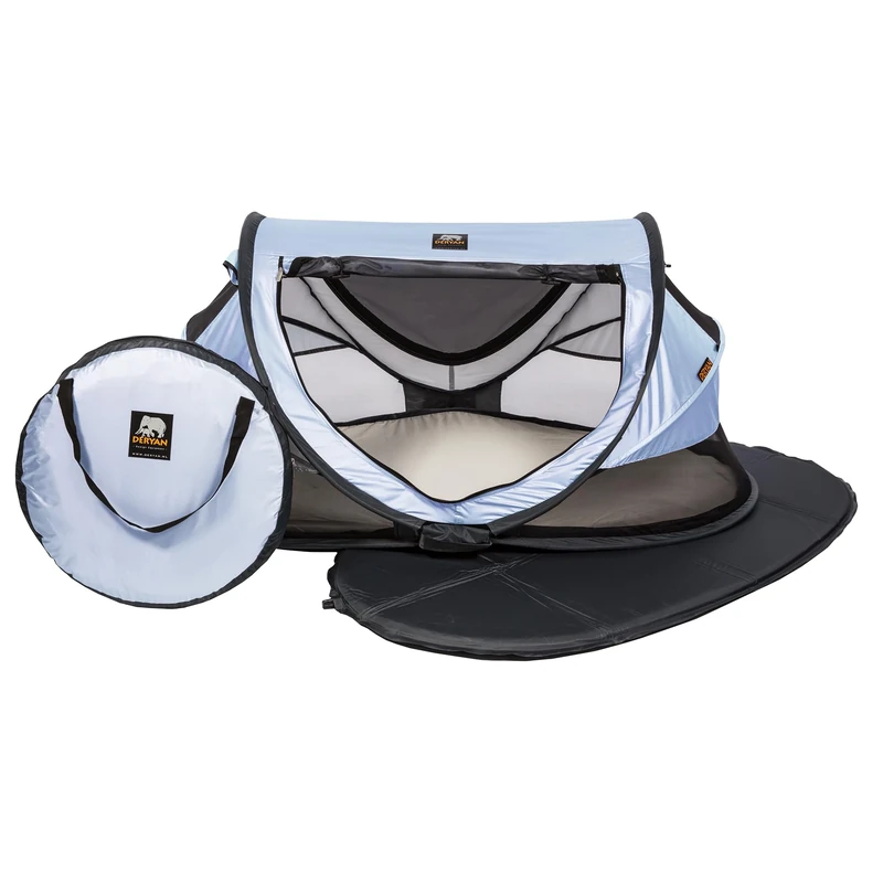 Deryan Travel Cot - Peuter Luxe - Blue - Pop-up System - Set-up in only 2 Seconds - Including Cotton Cover with Zipper, self-Inflating air Mattress and Carrying Bag