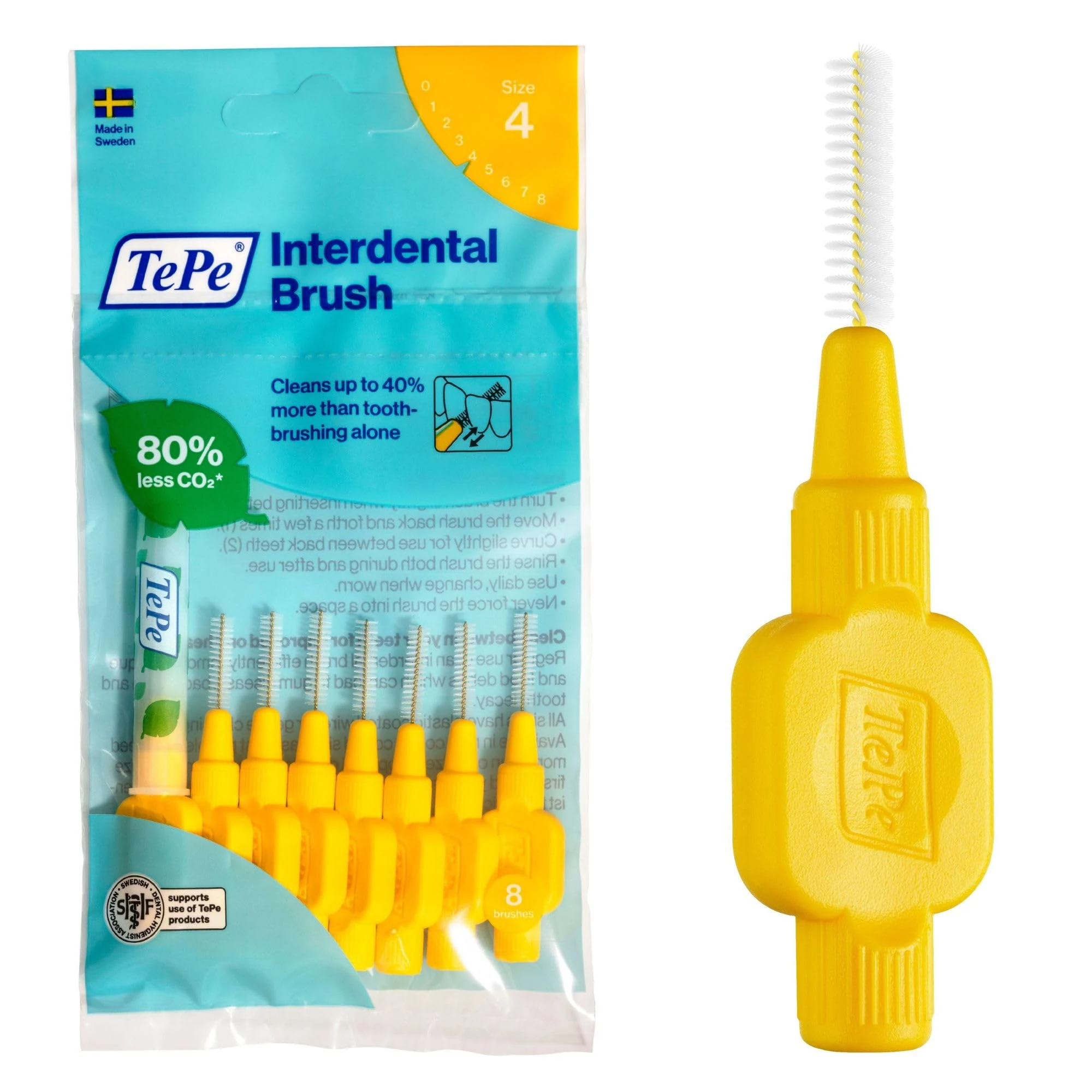 TePe Interdental Brush, Original, Yellow, 0.7mm/ISO 4, 8pcs, efficient Cleaning Between Teeth, Plaque Remover and Dental flosser for Small Gaps