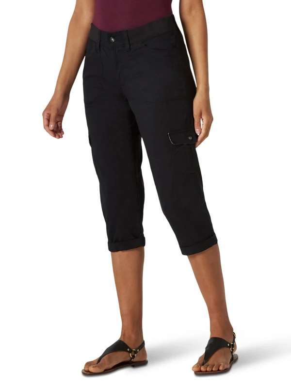 Lee Women's Relaxed Fit Austyn Knit Waist Cargo Capri Pant, Black, 8 US