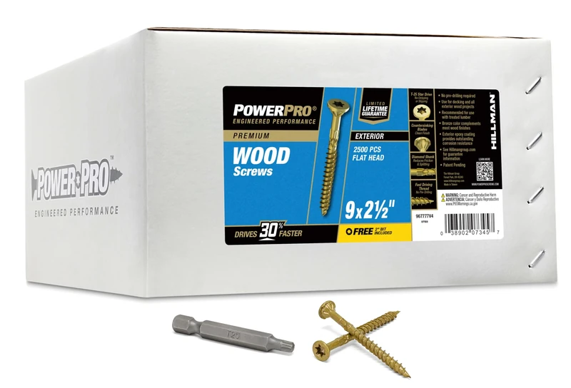 Power Pro 967777 Wood Screws, 9 x 2-1/2", Premium Outdoor Deck Screws, Rust Resistant, Epoxy Coated Bronze, 2500pcs Box