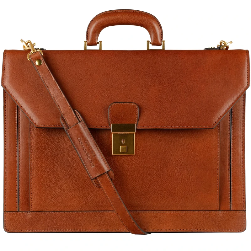 Time Resistance Leather Briefcase - Work bag Handmade in Italy - Business Shoulder Bag (Cognac Brown)