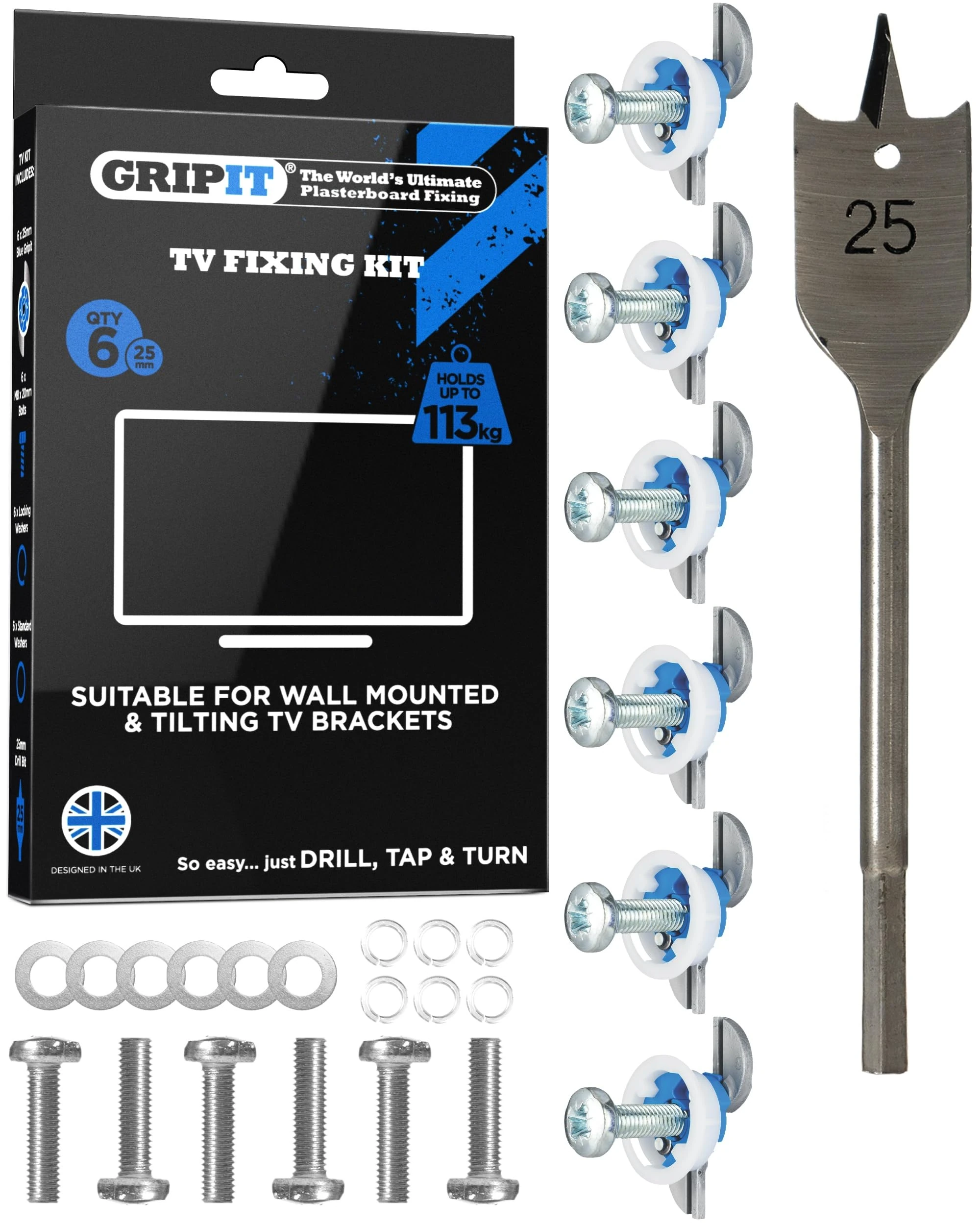 Gripit Blue Heavy-Duty Plasterboard Fixings - TV Mounting Kit - Pack of 6 - Holds Up to 113kg - Reusable Drywall Anchor for TVs, Stud Walls, Kitchen Cupboards & Boilers – UK Designed